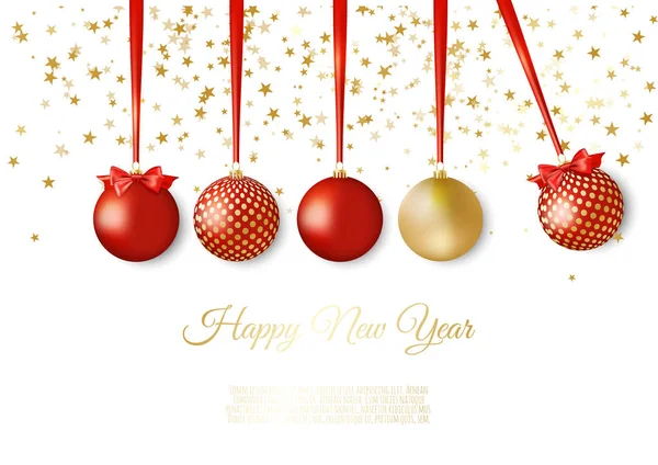 Altın ve kırmızı dekoratif Noel topları. Yeni yıl arka plan. — Stok Vektör