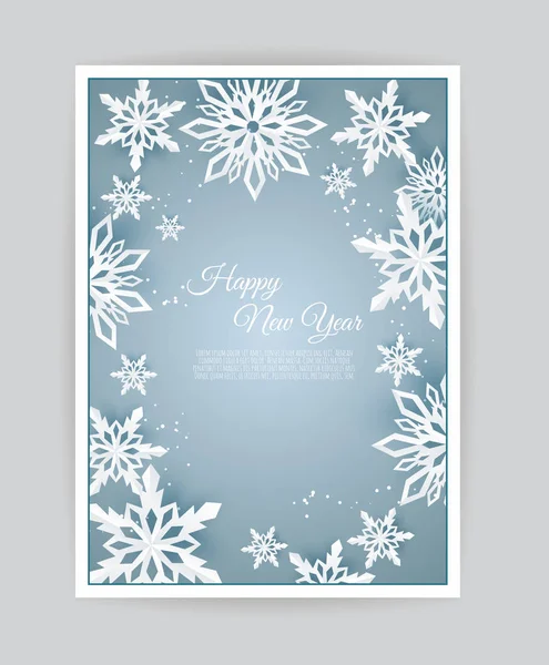 Tarjeta de Navidad con copo de nieve de papel. Caída de copos de nieve sobre un fondo de invierno azul oscuro . — Archivo Imágenes Vectoriales