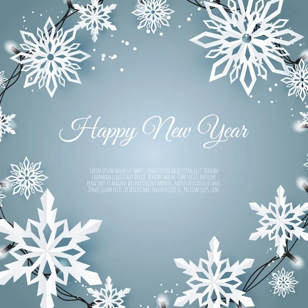 Biglietto natalizio con fiocco di carta. Caduta fiocchi di neve su uno sfondo blu . — Vettoriale Stock