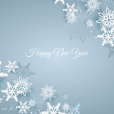 Noel kartı ile kağıt kar tanesi. Koyu mavi kış zemin üzerine düşen kar taneleri. Vektör çizim. Neşeli Noel, yeni yıl tasarım.