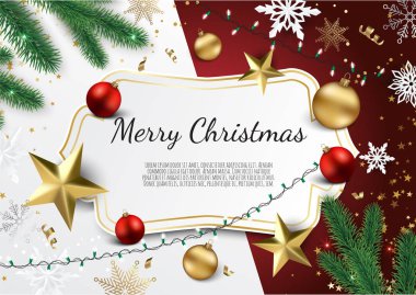 Vektör Noel ağaç dalları, altın yıldız, Noel topları ve metin için yer ile banner. Büyük Noel kartları, afiş, el ilanları, parti posterler, üstbilgileri için.