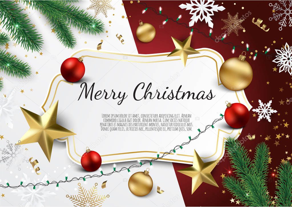 Banner with vector christmas tree branches, gold stars, christmas balls and space for text. Great for christmas cards, banners, flyers, party posters, headers.