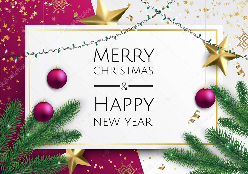 Vector Merry Christmas And Happy New Year background with golden star, balls, fir tree branches, snowflakes