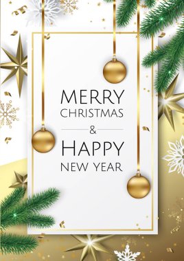 Vektör Noel ağaç dalları, altın yıldız, Noel topları ve metin için yer ile banner.