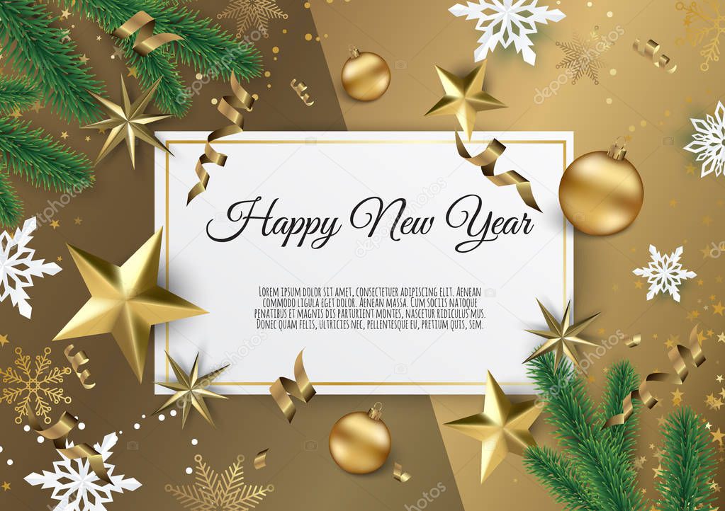 Christmas and New Year background with Gold glitter texture. Xmas card. Vector Illustration