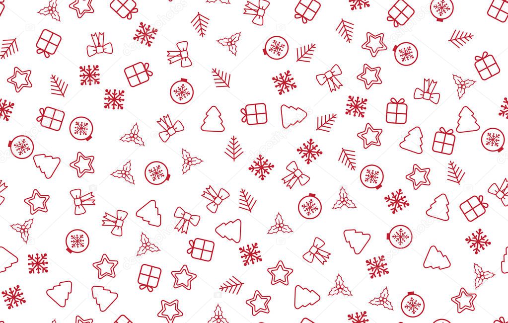 Seamless Christmas pattern. Christmas pattern with decorative snowflakes, gift box, christmas tree, star, christmas balls on white background