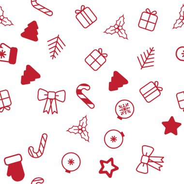 Dikişsiz Noel desen. Dekoratif kar taneleri, hediye kutusu, yılbaşı ağacı, yıldız, Noel topları beyaz arka plan üzerinde Noel desenle