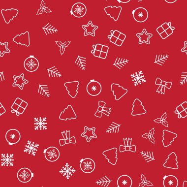 Dikişsiz Noel desen. Dekoratif kar taneleri, hediye kutusu, yılbaşı ağacı, yıldız, Noel topları beyaz arka plan üzerinde Noel desenle