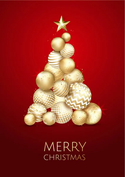Kreativer Weihnachtsbaum Aus Glänzenden Goldenen Kugeln Auf Schwarzem Hintergrund Für — Stockvektor