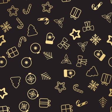 Dikişsiz Noel desen. Dekoratif kar taneleri, hediye kutusu, yılbaşı ağacı, yıldız, Noel topları beyaz arka plan üzerinde Noel desenle