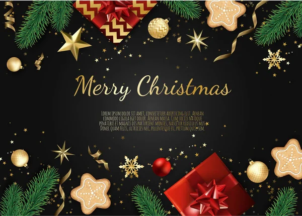 Banner Con Ramas Árbol Navidad Vector Estrellas Oro Bolas Navidad — Archivo Imágenes Vectoriales