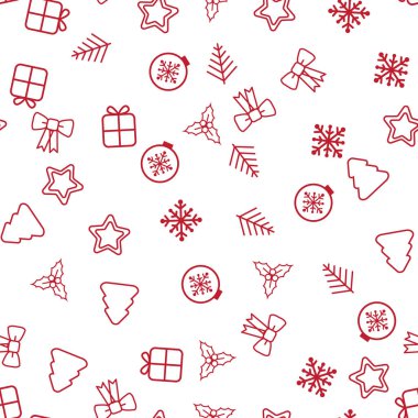 Dikişsiz Noel desen. Dekoratif kar taneleri, hediye kutusu, yılbaşı ağacı, yıldız, Noel topları beyaz arka plan üzerinde Noel desenle