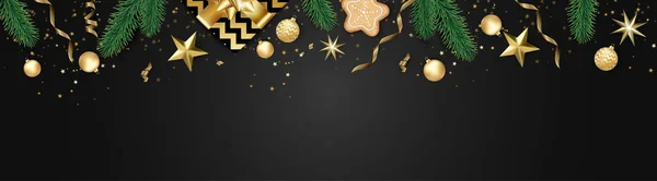 Banner com bolas de Natal e estrelas. Ótimo para cartazes de festa de Ano Novo, cabeçalhos . — Vetor de Stock