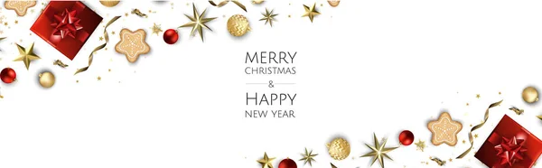 Fond vectoriel de Noël. Carte de vœux design créatif, bannière, affiche. Coffret cadeau vue du dessus, boules de Noël, étoiles et flocons de neige . — Image vectorielle