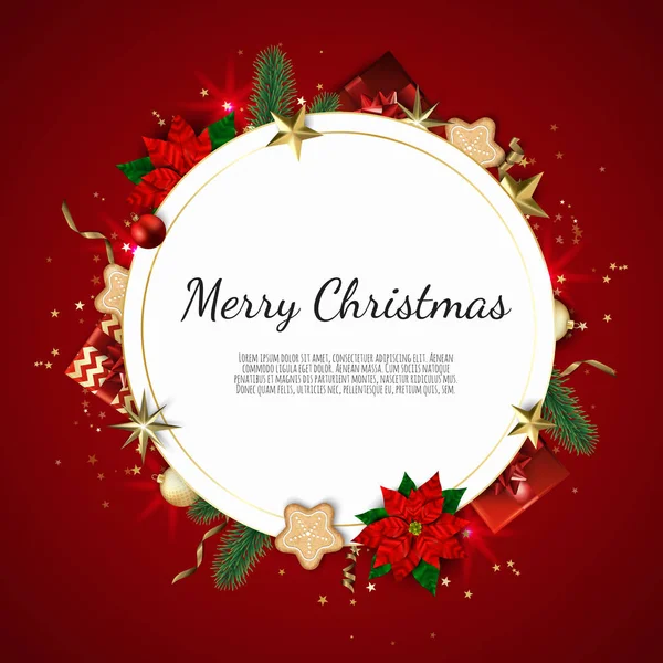 Fond vectoriel de Noël. Carte de vœux design, bannière, affiche. Coffret cadeau vue du dessus, boules de décoration de Noël et flocons de neige . — Image vectorielle