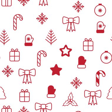 Dikişsiz Noel desen. Dekoratif kar taneleri, hediye kutusu, yılbaşı ağacı, yıldız, Noel topları beyaz arka plan üzerinde Noel desenle