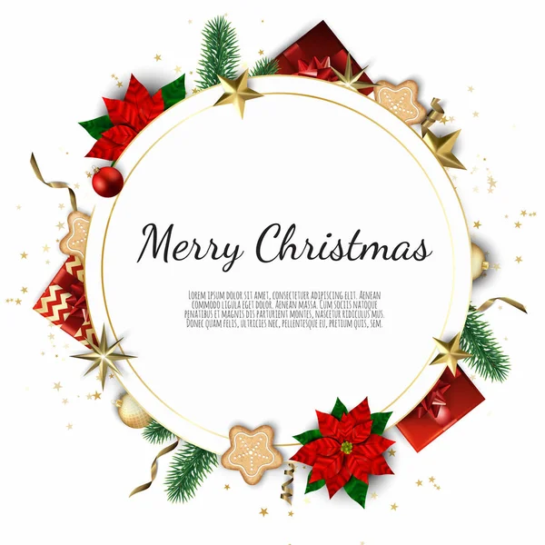 Weihnachten Heller Hintergrund Mit Goldener Weihnachtsdekoration Frohe Weihnachten Grußkarte — Stockvektor