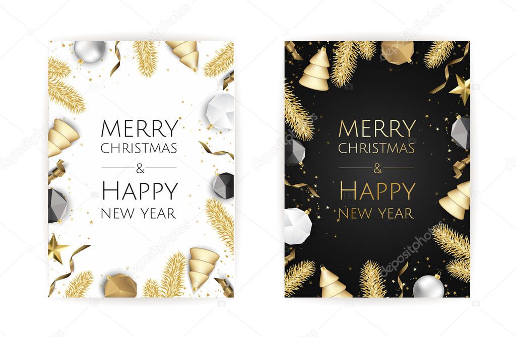 Christmas bright background with golden Xmas decorations. Merry christmas greeting card