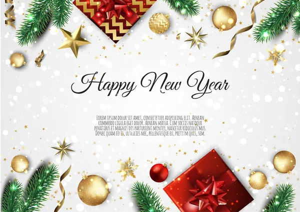 Fondo Brillante Navidad Con Decoraciones Doradas Navidad Feliz Tarjeta Felicitación — Vector de stock