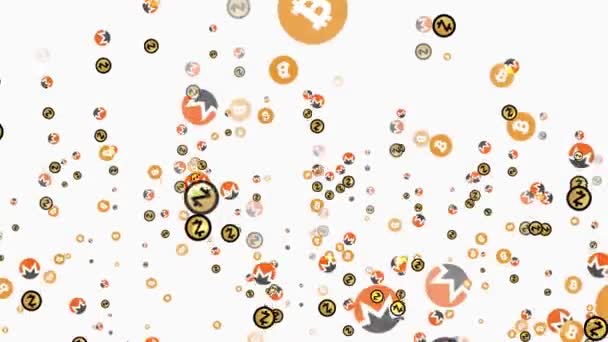 Světlé Vánoční Hračka Míčky Bitcoiny Padají Izolované Bílém Pozadí — Stock video