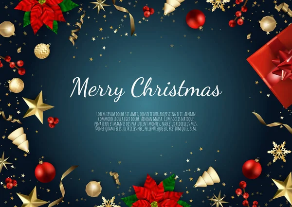 Bannière Avec Étoiles Dorées Boules Noël Avec Boîte Cadeau Poinsettias — Image vectorielle