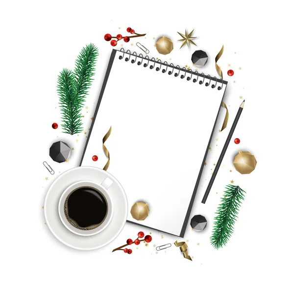 空白纸与圣诞树分支和金黄装饰与咖啡杯在白色背景 圣诞节构成 — 图库矢量图片