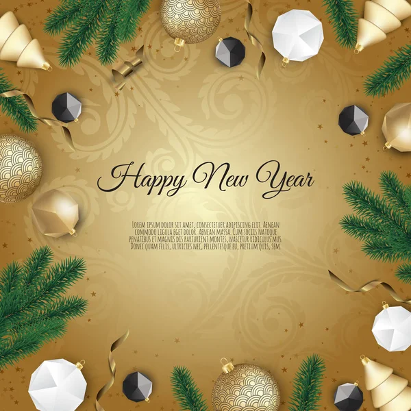 Creative Greeting Card Baubles Fir Branches Text Happy New Year — Stock Vector