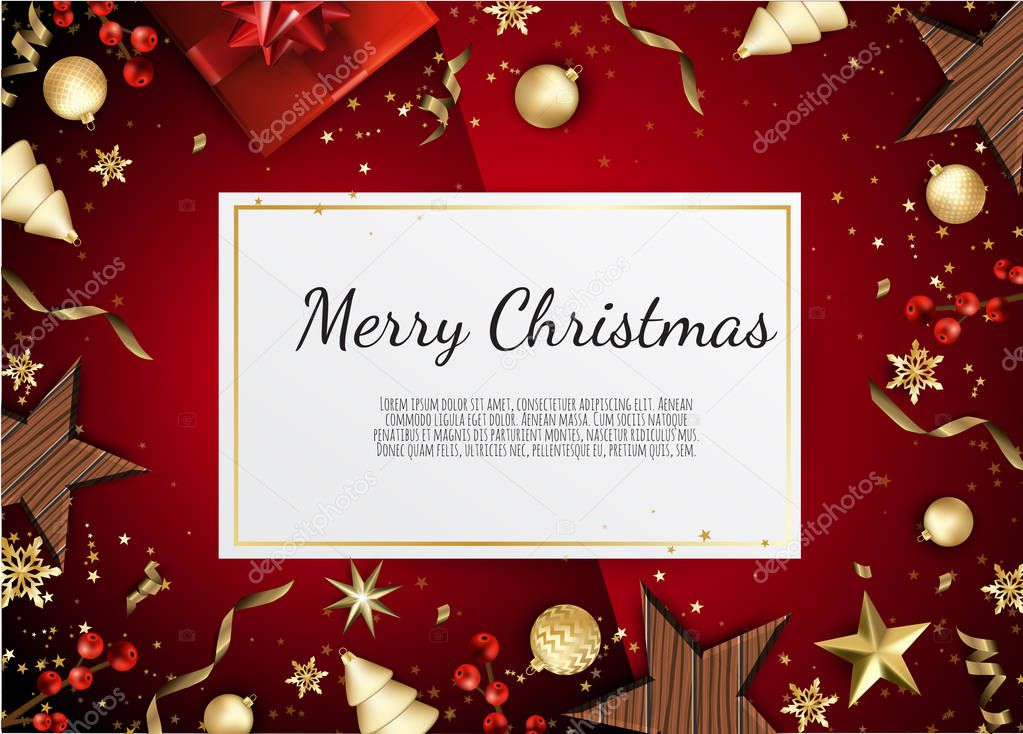 Creative Christmas greeting card with gift box and baubles with stars on red background, close-up