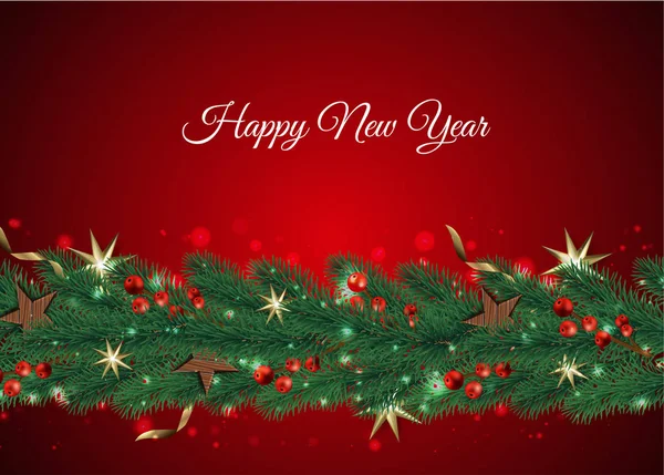 装飾が施されたモミの枝と赤い背景上のテキスト新年あけましておめでとうございます休日バナー — ストックベクタ