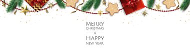 Hediye kutuları ve çam dalları gingerbread çerezleri ile yaratıcı Noel tebrik kartı 