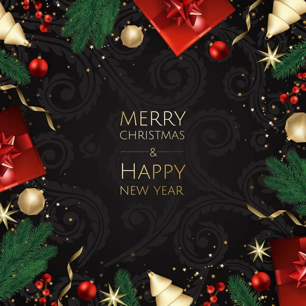 Carte Vœux Noël Créative Avec Boîtes Cadeaux Boules Avec Branches — Image vectorielle