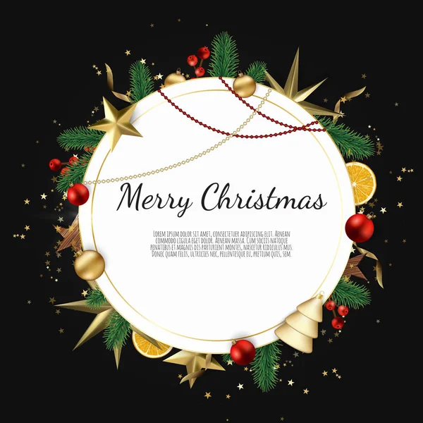 Kellemes karácsonyi ünnepeket és boldog új évet. Karácsony ajándék doboz, hópelyhek és golyó design háttér. — Stock Vector