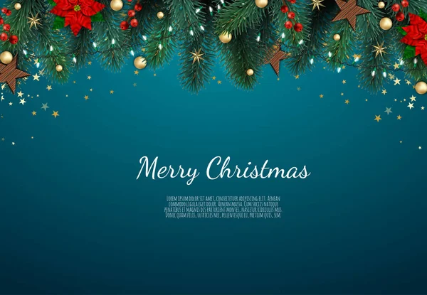 Veselé Vánoce a šťastný nový rok. Vánoční pozadí s Dárkový box, sněhové vločky a koule designem. — Stockový vektor