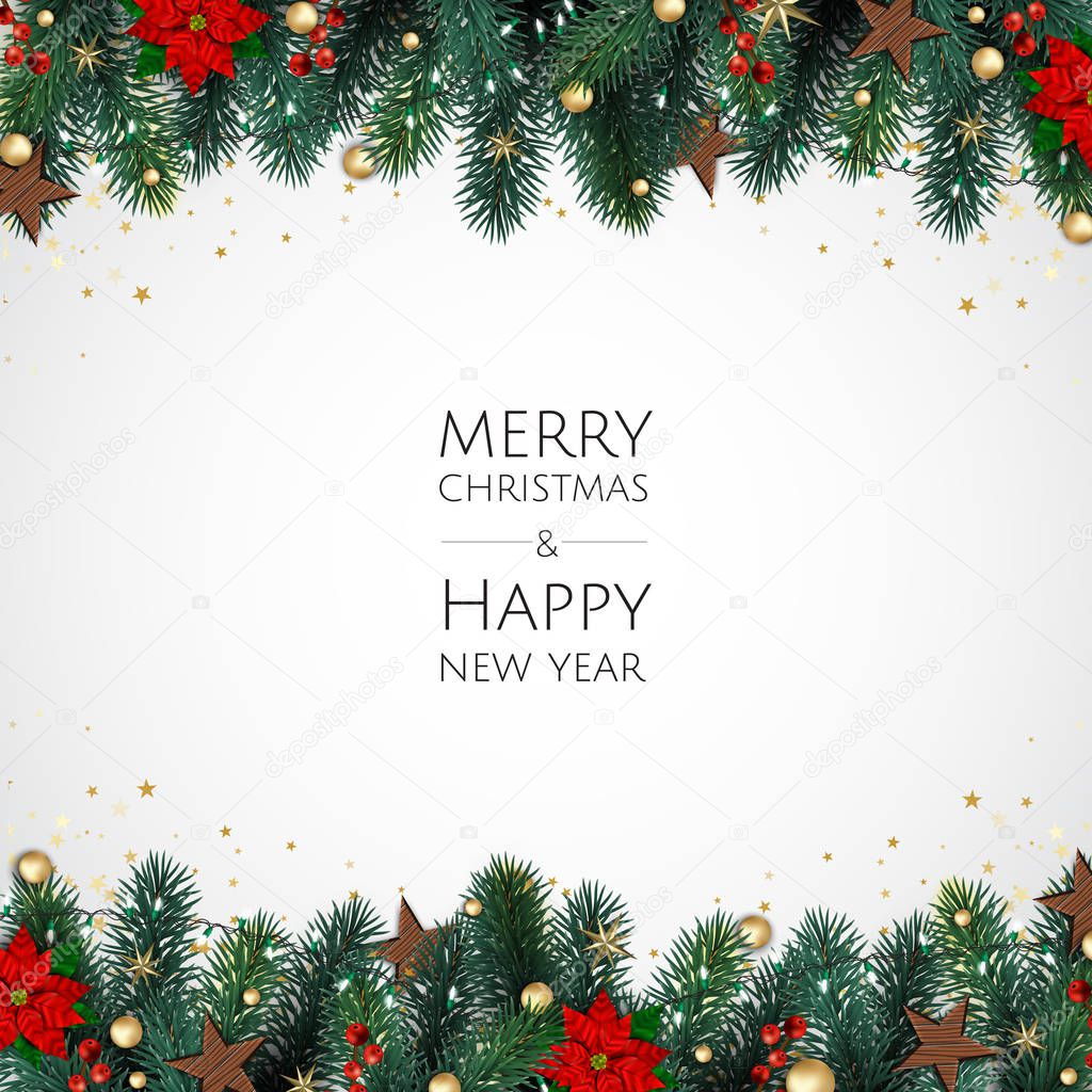 Merry Christmas and Happy New Year. Xmas background with Shining gold Snowflakes. Greeting card, holiday banner, web poster