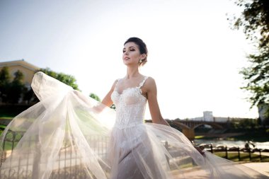 Açık poz lüks gelinlik siyah saçlı güzel kadın moda fotoğrafı