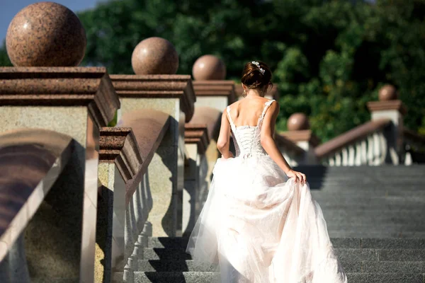 Fashion Photo Beautiful Woman Wedding Dress Posing Outdoor — Stock Photo, Image
