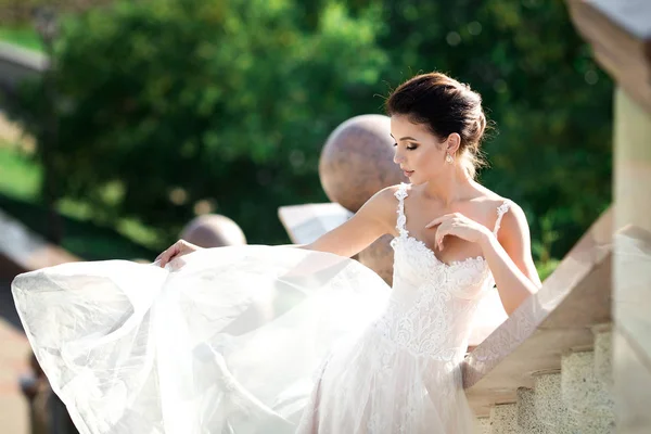 Modefoto Der Schönen Frau Mit Dunklen Haaren Luxuriösen Hochzeitskleid Posiert — Stockfoto