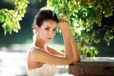 Açık poz lüks gelinlik siyah saçlı güzel kadın moda fotoğrafı
