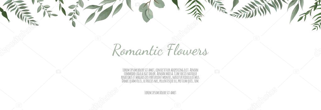 Horisontal botanical vector design banner. Pink rose, eucalyptus, succulents, flowers, greenery. Natural spring card or frame. All elements are isolated and editable