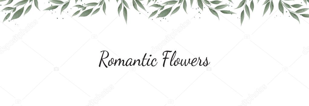 Horisontal botanical vector design banner. Pink rose, eucalyptus, succulents, flowers, greenery. Natural spring card or frame. All elements are isolated and editable