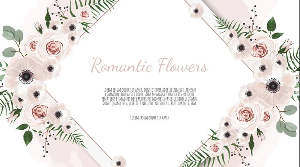 Rahmenrand Hintergrund Blumenhochzeitskarte Mit Rose Anemone Und Eukalyptuszweig — Stockvektor