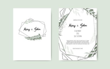 Set of card with flower rose, leaves and geometrical frame. Wedding ornament concept. clipart