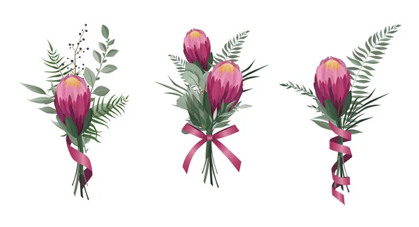 Vector Bloemen Klaar Kleurrijke Bloemencollectie Met Bladeren Bloemen Protea Bloemenboeket — Stockvector