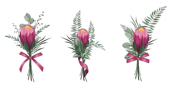 Vector bloemen klaar. Kleurrijke bloemencollectie met bladeren en bloemen. Protea Bloemenboeket. — Stockvector