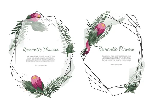 Diseño de tarjeta botánica floral vectorial con hojas con marco geométrico. Ramo de flores de Protea . — Vector de stock