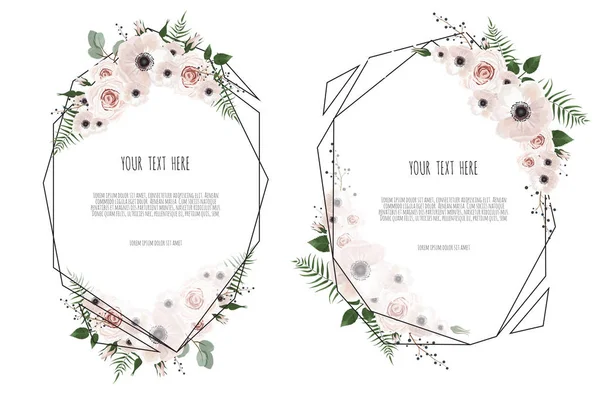 Set Scheda di design floreale vettoriale. Saluto, cartolina modello di invito al matrimonio. Elegante cornice con rosa e anemone — Vettoriale Stock