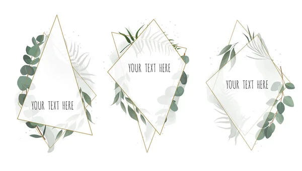 Set Vector floral diseño de tarjeta botánica con hojas con marco geométrico dorado . — Vector de stock