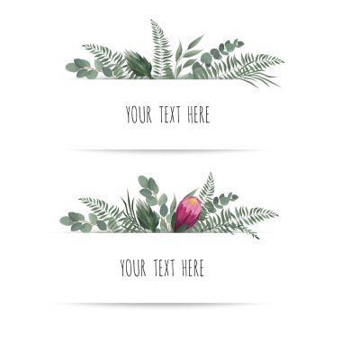 Yatay botanik vektör tasarım afiş. Pembe gül, okaliptüs, succulents, çiçekler, yeşillik. Doğal kaynak kartı veya çerçeve.