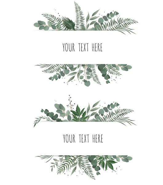 Horisontal botanische vector ontwerp banner. Roze roos, eucalyptus, vetplanten, bloemen, groen. Natuurlijke lente kaart of frame. — Stockvector