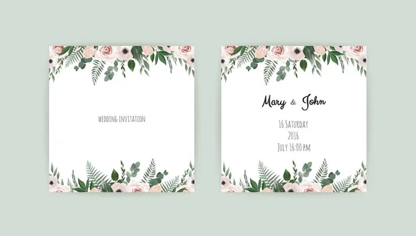 Conjunto de cartão com flor rosa, folhas. Conceito de ornamento de casamento. Cartaz floral, convidar . —  Vetores de Stock